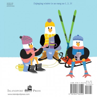 123 Gulls shows three seagulls enjoying winter with skis, sled, hot drinks, and warm clothing in a snowy scene.