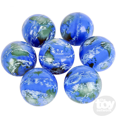 Earth Bouncy Ball showing multiple small blue and green globe-shaped bouncy balls with raised white clouds.