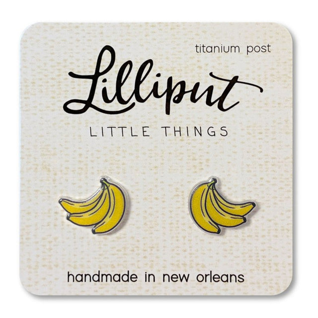 Banana Earrings with titanium posts featuring a detailed bunch of bananas, handmade in New Orleans, hypoallergenic and comfy.