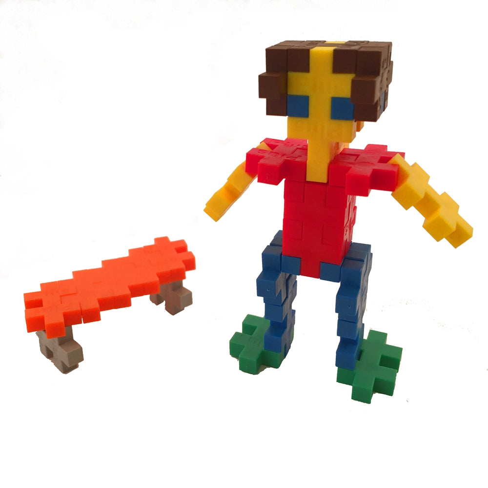 Plus Plus Basic 70pc building blocks creating a colorful figure and skateboard, encouraging creative play.