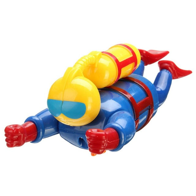 Wind-Up Scuba Diver toy in blue, red, and yellow colors, designed to swim across the tub for kids 18 months and up.