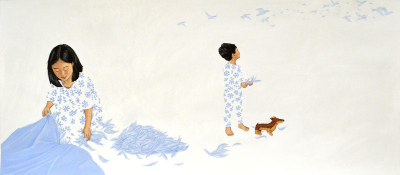 A Big Bed for Little Snow cover art showing children in pajamas with a small dog and feathers on a soft bed.