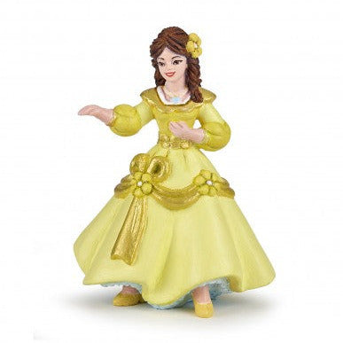 Beauty Belle figurine wearing an elegant yellow princess dress with floral details and braided brown hair.