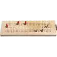 Cribbage wooden board with red and natural pegs in holes, handcrafted from sustainably harvested hardwood maple.