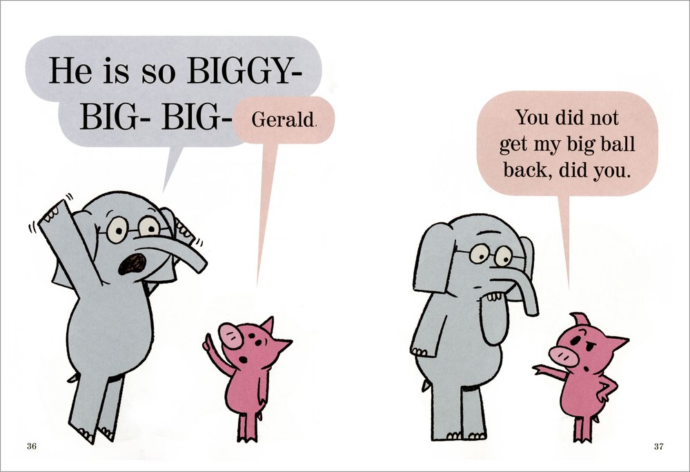 Illustration from Elephant & Piggie A Big Guy Took My Ball! showing Gerald and Piggie discussing a lost ball.