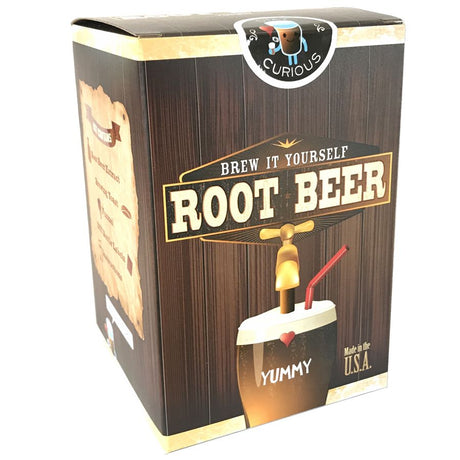 Brew Root Beer kit packaging with vintage design for brewing homemade naturally carbonated root beer in soda bottles.