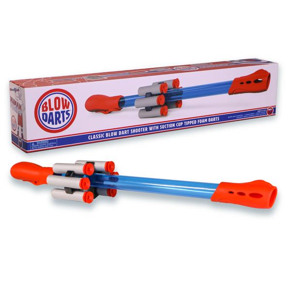 Blow Darts set with clear blue blow tube, orange mouthpiece, and suction cup foam darts with dart holder and packaging box.