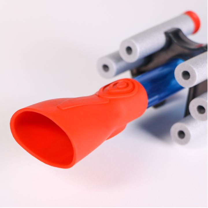Close-up of the red mouthpiece and soft foam darts on the Blow Darts human powered suction cup blow dart set.