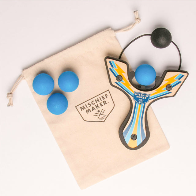 Slingshot Blue Lightning with blue foam balls and storage bag, handmade wooden classic toy for kids aged 4 and up.