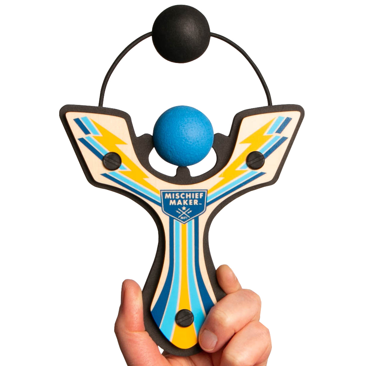 Handheld Slingshot Blue Lightning with blue foam ball and Mischief Maker logo, designed for safe, fun play.