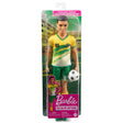 Barbie Ken Soccer #21 doll in yellow and green uniform holding a soccer ball in packaging for ages 3 and up