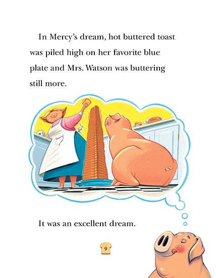 Illustration from Mercy Watson to the Rescue showing Mercy dreaming of a tall stack of buttered toast.