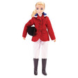 Show Jumper doll wearing traditional scarlet coat, white breeches, black boots, and holding a black velvet hunt cap.