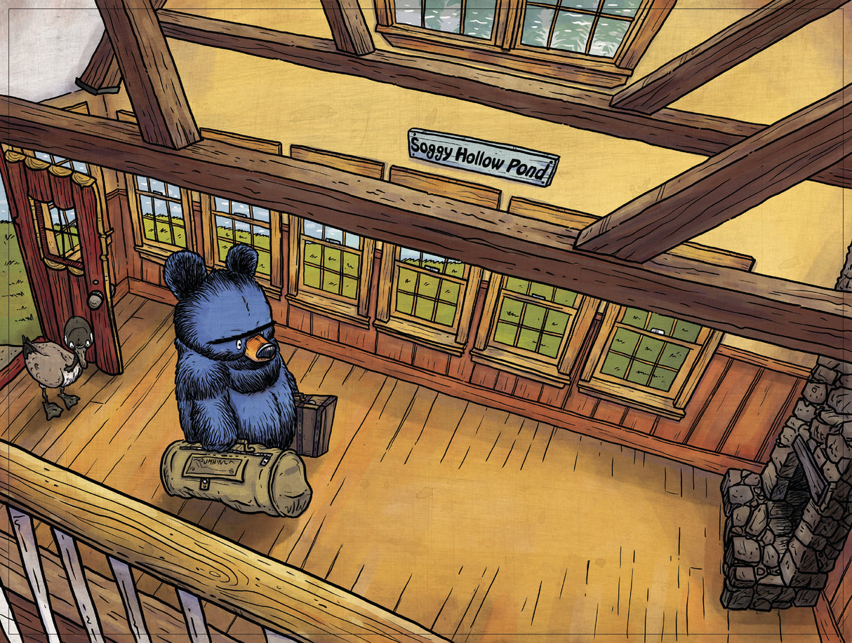 Illustration from Bruce's Big Move showing Bruce the bear leaving his wooden cabin with luggage beside a goose.