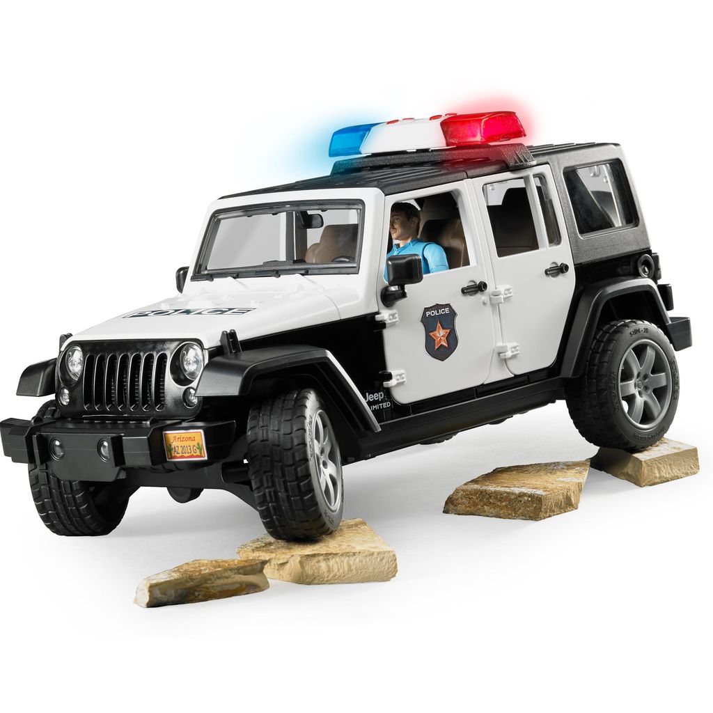 Jeep Wrangler Unlimited Rubicon Police toy car with detachable roof and all doors open, designed for ages 4 and up.