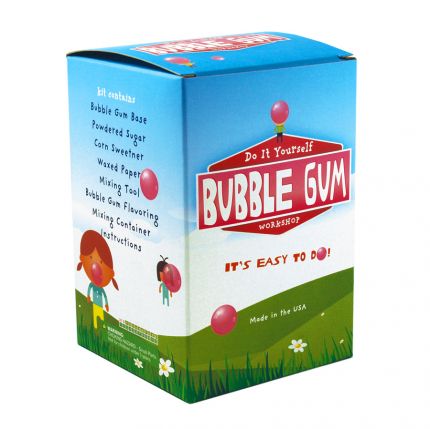 Bubble Gum Kit box showing ingredients and tools for making homemade bubble gum, easy and fun for all ages.