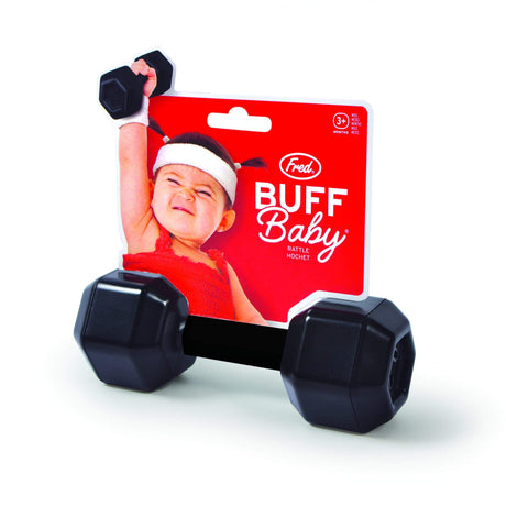 Dumbell Rattle baby toy shaped like a black dumbbell with natural hand-grips and gentle rattle sound.