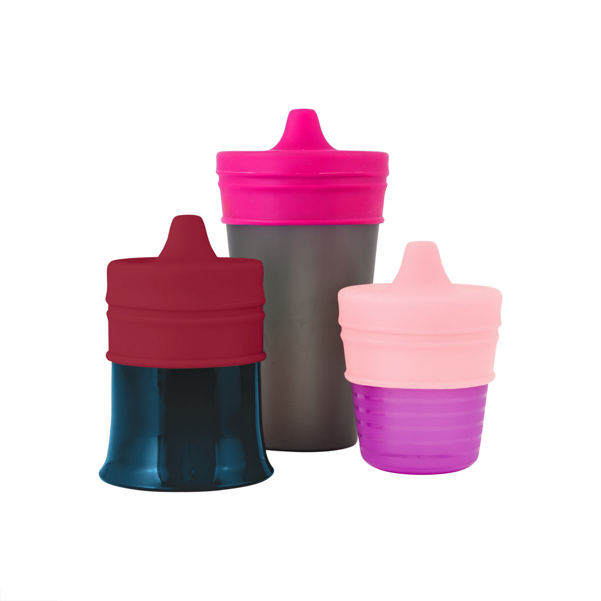 SNUG Spout Sippy Lids Pinks set of three silicone spill-proof lids for cups 2.5”-3.75” diameter, BPA-free.