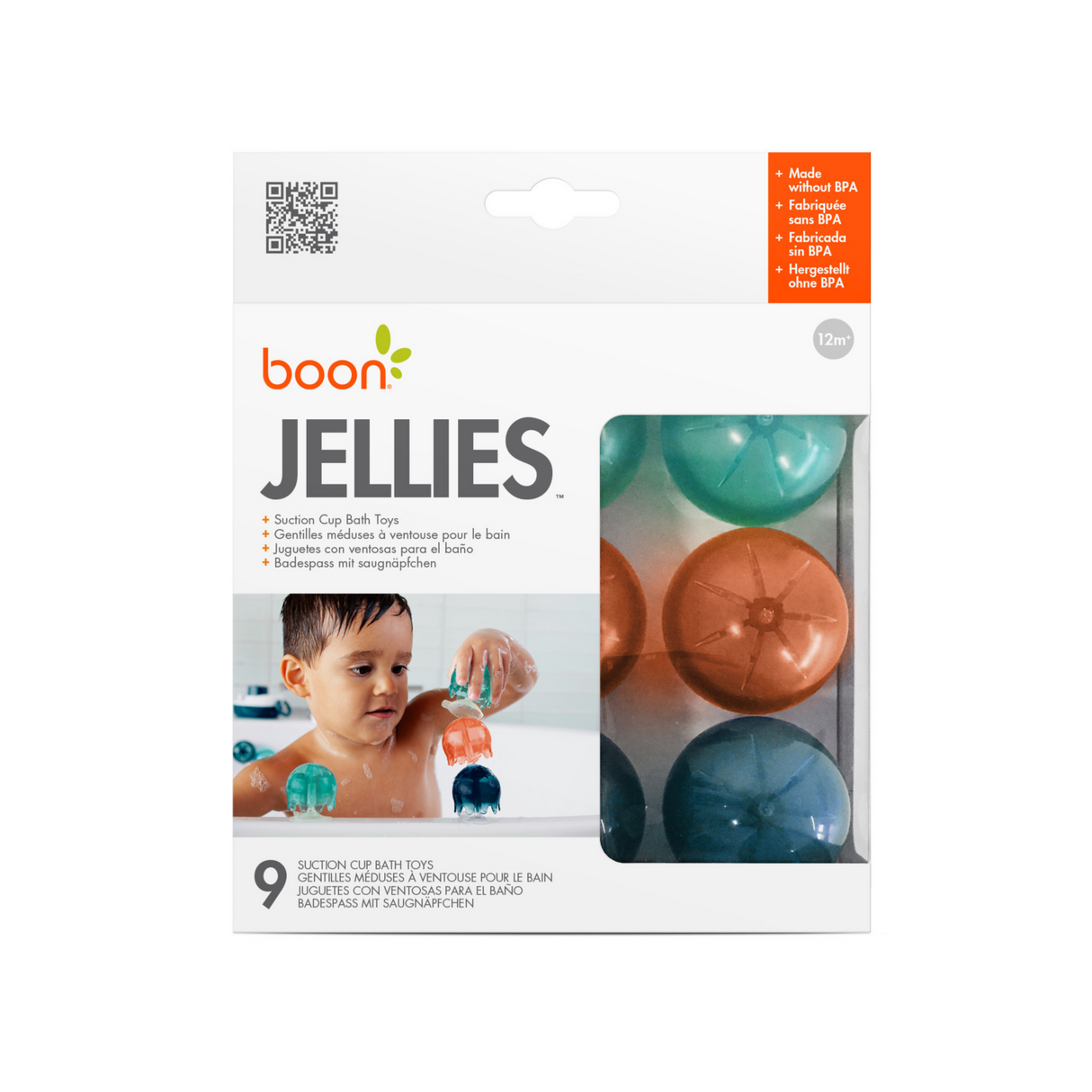 JELLIES Suction Cups bath toys with colorful jellyfish shapes that stick and stack, BPA-free, for children 12 months and up.