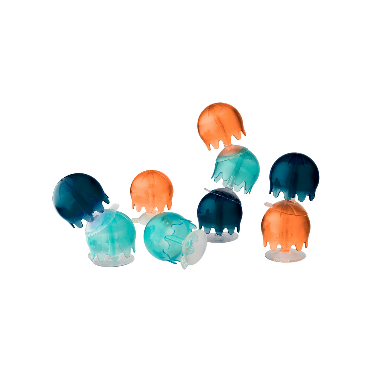 JELLIES Suction Cups in blue and orange stacked and linked, showing fun shapes with suction cup tentacles.