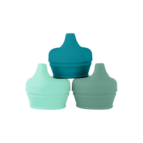 SNUG Spout Sippy Lids Greens set of three silicone spill-proof lids fitting cups 2.5”–3.75” diameter for toddlers.