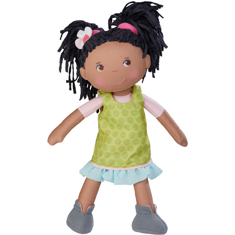 Soft Doll | Cari, 12" tall quilted soft doll with chenille hair, dressed in removable green dress and blue skirt, suitable for toddlers.