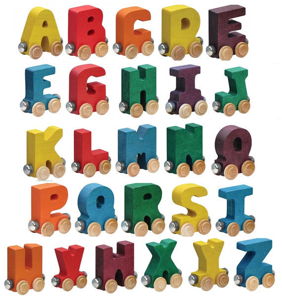 Colorful wooden NameTrain Letter G car from Maple Landmark with magnets, part of kids’ wooden train alphabet set.