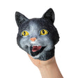 Hand wearing a super stretchy Cat Rubber Puppet with lifelike black and gray cat face and yellow eyes.