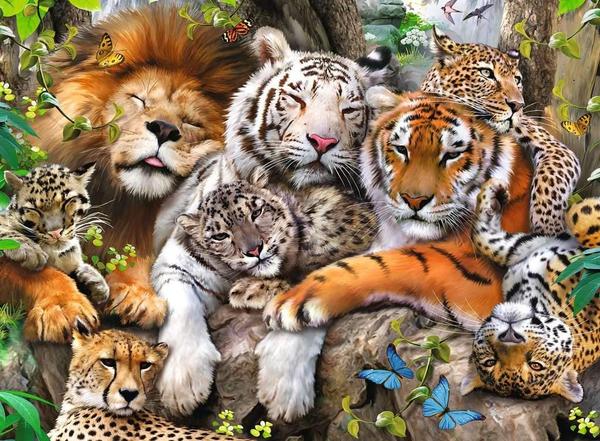 200pc Big Cat Nap Puzzle showing a colorful group of resting big cats including lions, tigers, leopards, and cheetahs.
