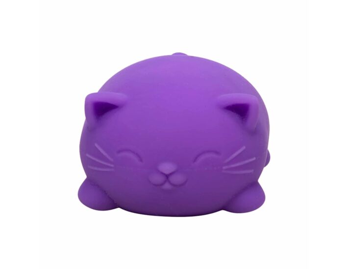 NeeDoh Cool Cat purple stress ball shaped like a cute cat, soft, squishy, durable, perfect for fidgeting and stress relief.