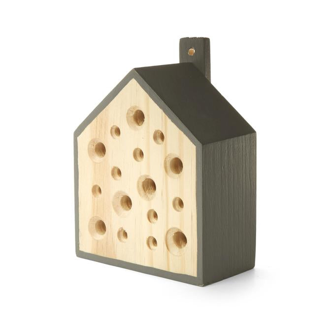 Little Bee House wooden bee home with multiple holes and dark grey walls for garden pollinators.