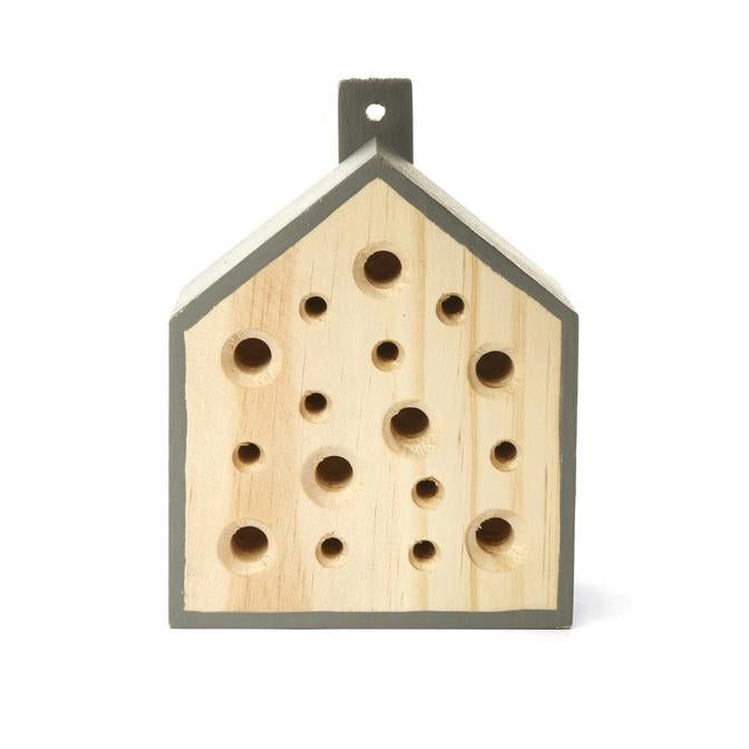 Little Bee House wooden bee habitat with multiple holes for pollinators, perfect for garden or backyard decoration.