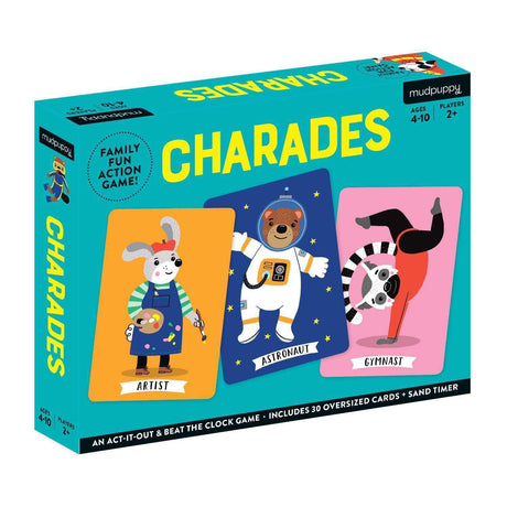 Charades game box with colorful character cards including artist, astronaut, and gymnast for family fun ages 4-10.