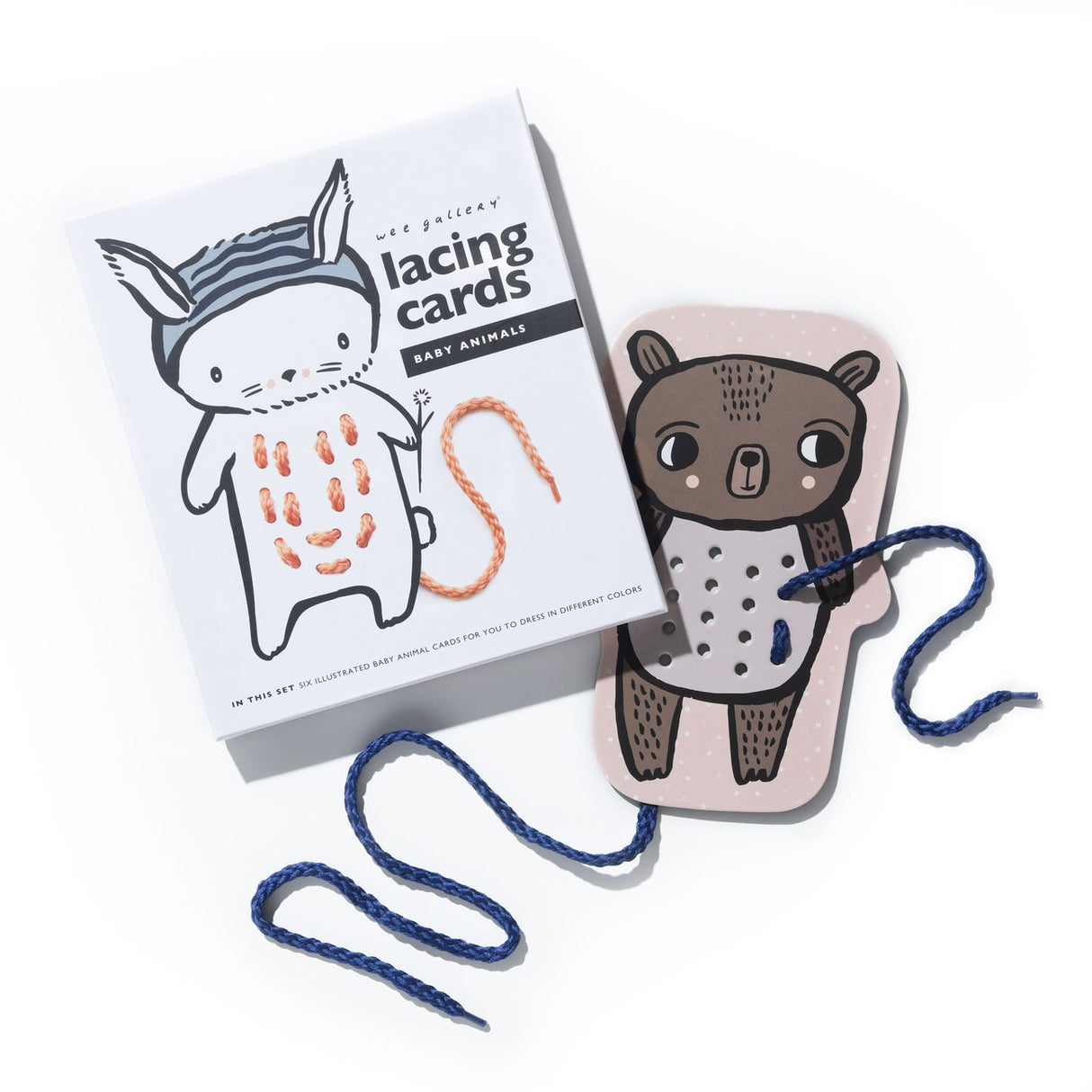 Baby Animal Lacing Cards set with illustrated bear card and blue lacing string for hand-eye coordination development.