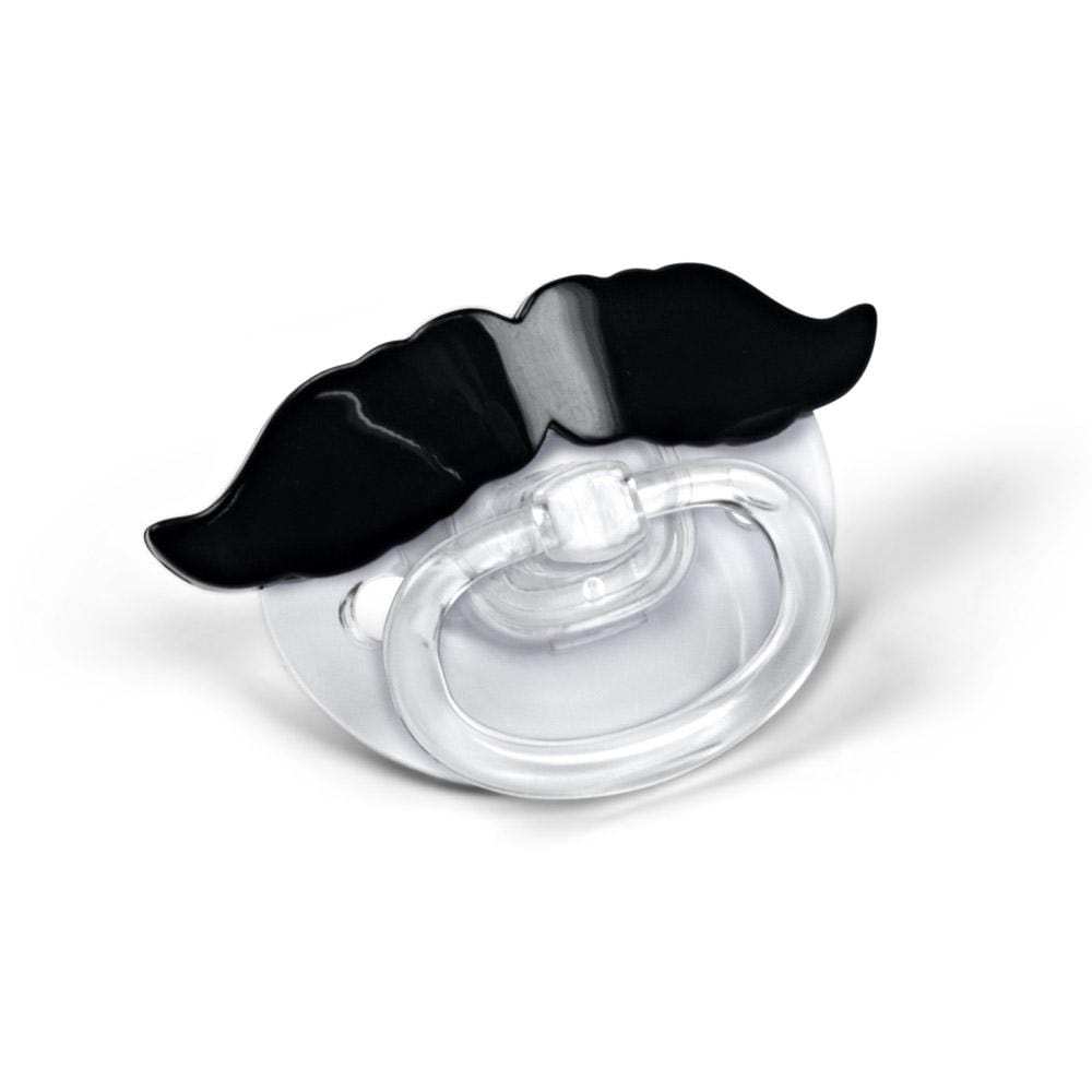Mustache Pacifier with black mustache design, made of clear baby-safe silicone and plastic for infants.