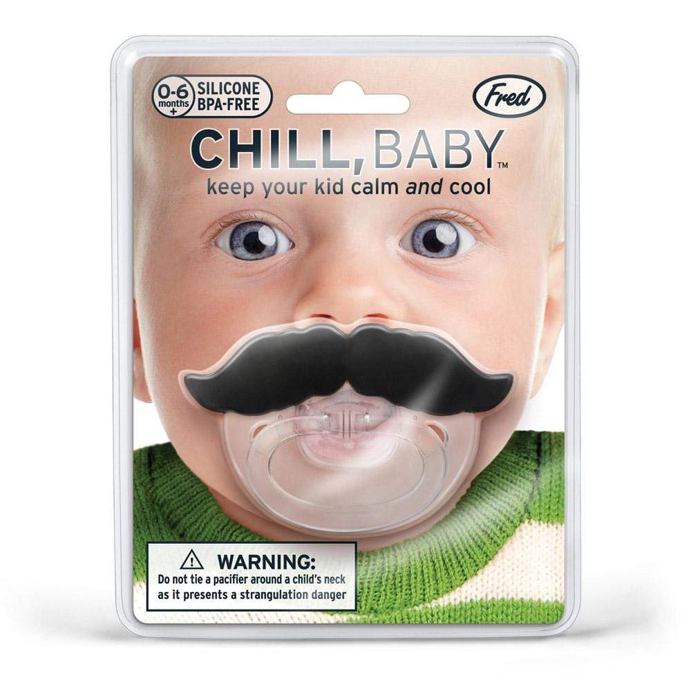 Mustache Pacifier in packaging with black mustache shape and clear silicone nipple for babies 0-6 months.