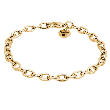 Gold Bracelet Chain featuring a 7.5" adjustable base metal chain with a heart charm tag reading "Charm It!