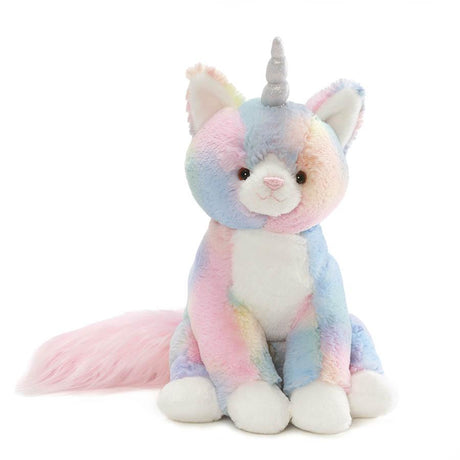 Rainbow Shimmer Caticorn plush with pastel rainbow colors, iridescent horn, and fluffy tail, perfect for cat and unicorn lovers.