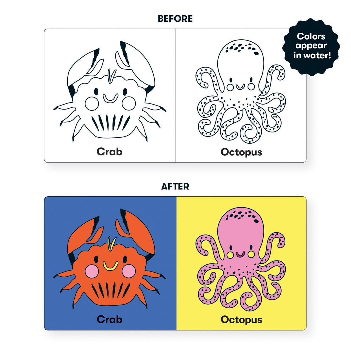 Bath Book Color Magic | Color the Ocean shows a crab and octopus coloring magically appear underwater.