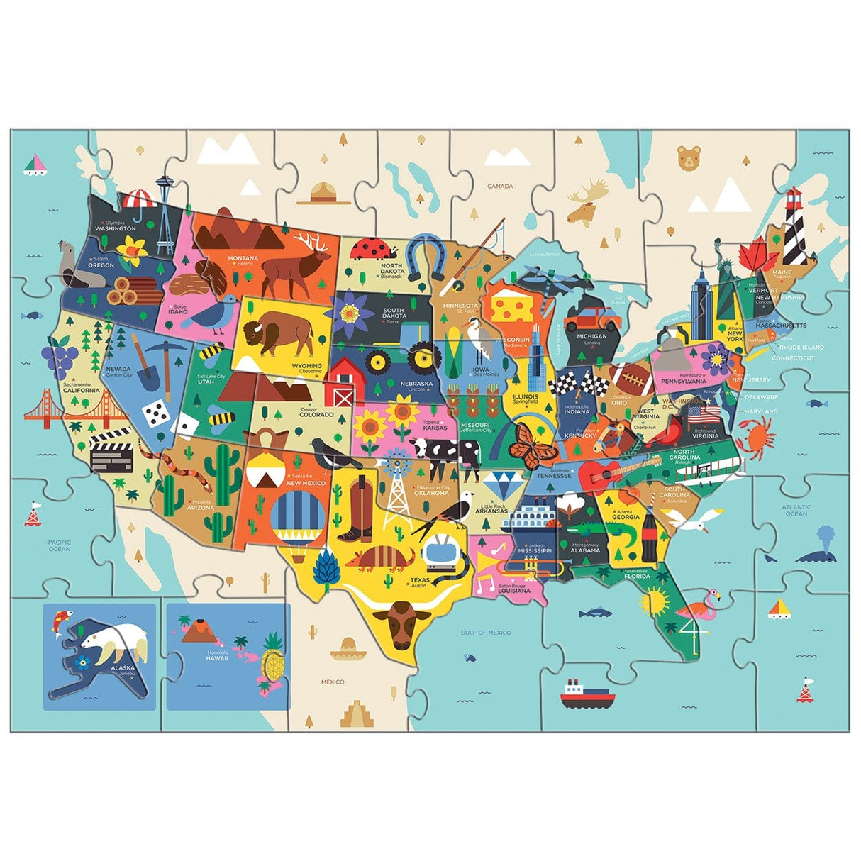 70pc USA Map Puzzle with colorful state-shaped pieces featuring illustrations and state nicknames on the back for ages 5-9.