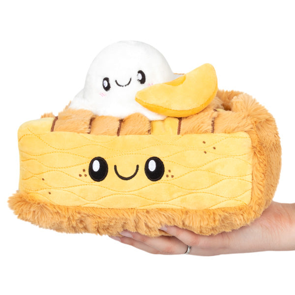 Apple Pie Mini plush slice with happy face and smiling ice cream friend, soft polyester fiber, perfect cozy gift.