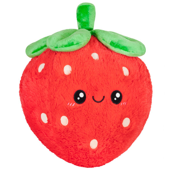 Strawberry plush toy with a smiling face, green leaves, and soft red body measuring 15 squishy inches for kids 3 and up.