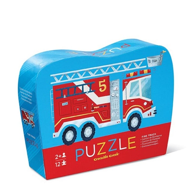 12pc Fire Truck Puzzle with colorful fire truck illustration, perfect toddler jigsaw for ages 2 and up, travel-friendly box.
