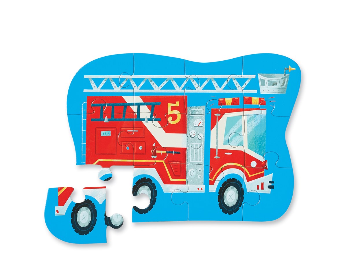 12pc Fire Truck Puzzle with bright red fire truck illustration on blue background, perfect for toddlers and travel.