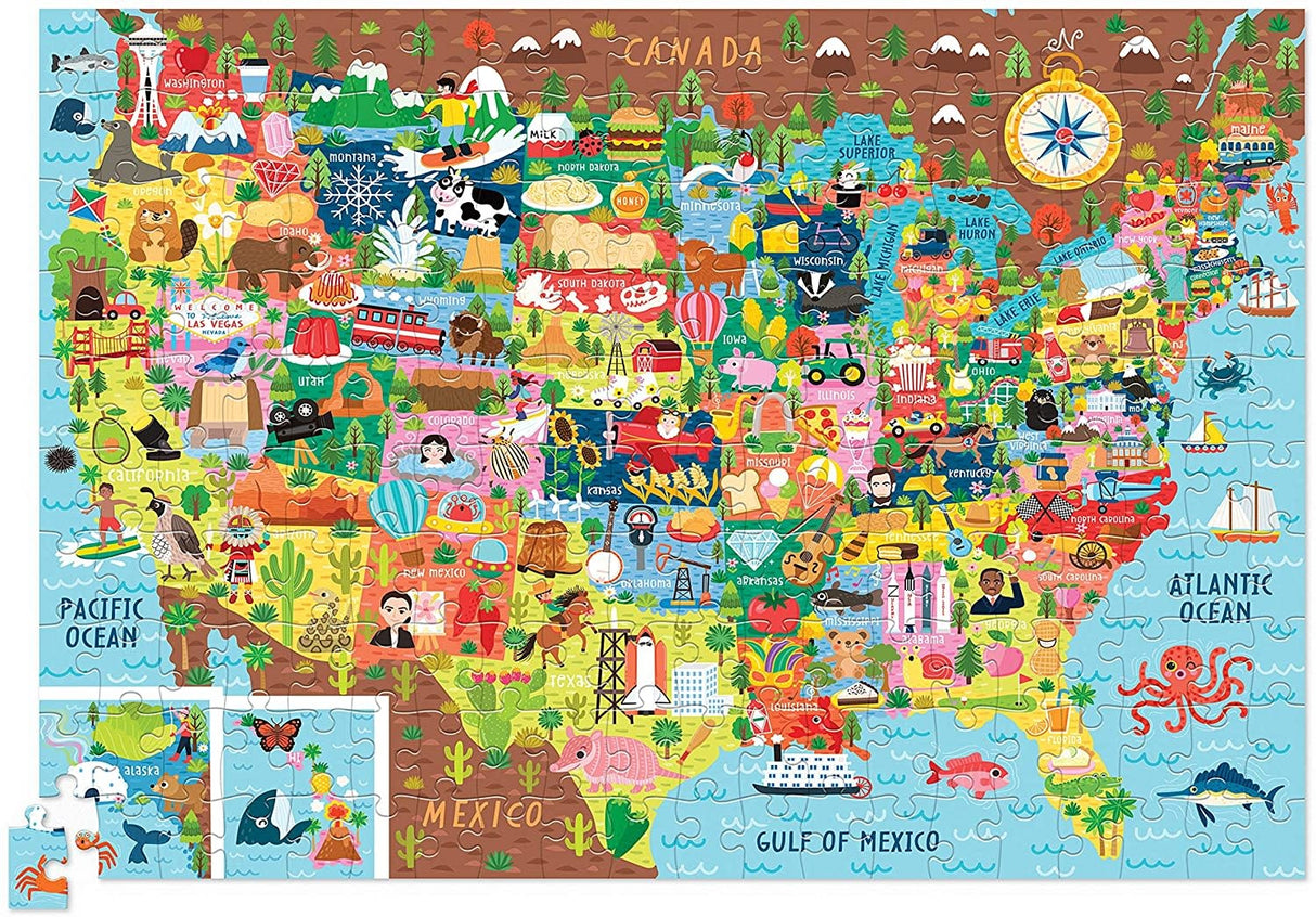 200pc USA Puzzle showing a colorful illustrated map of the United States with state-themed icons and landmarks.