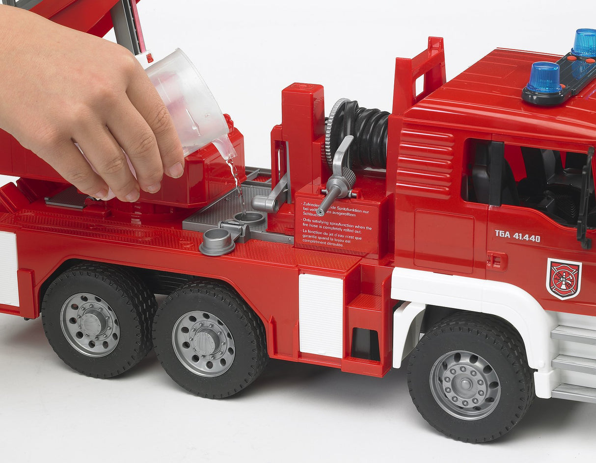 Fire Engine toy with tipping cab, fillable water tank, coiled hose, and detailed side features for interactive play.