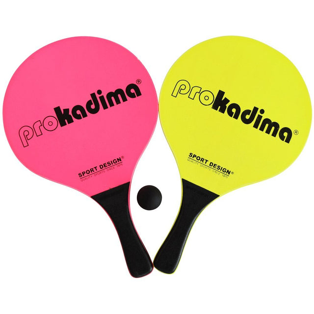 Pro Kadima neon-colored wooden beach paddles with ball, classic beach paddle game for sand tennis fun.