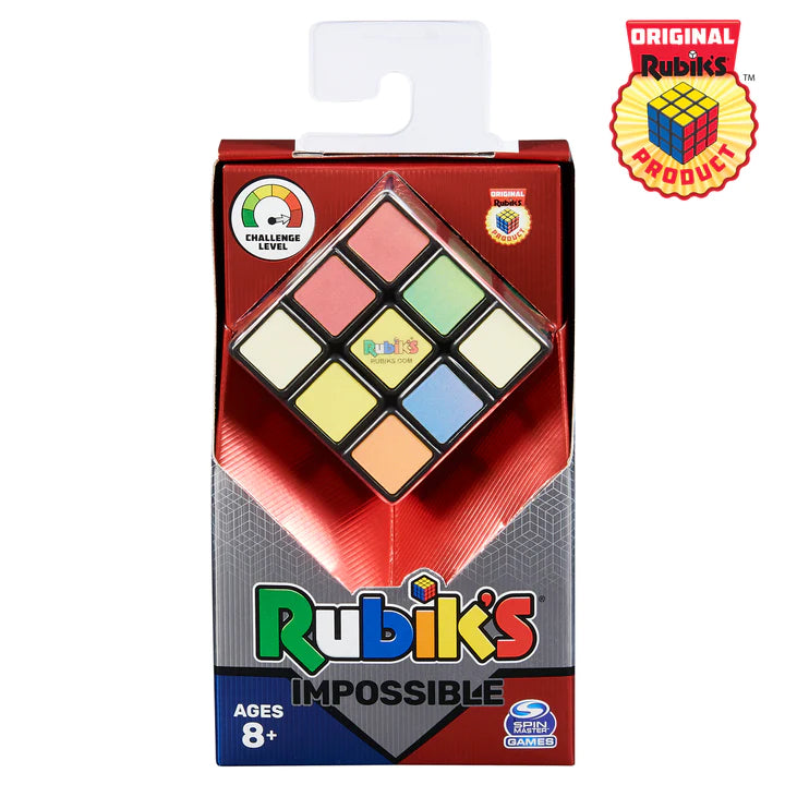 Rubiks 3x3 Impossible showing iridescent tiles in original packaging with high challenge level label and age 8 plus.