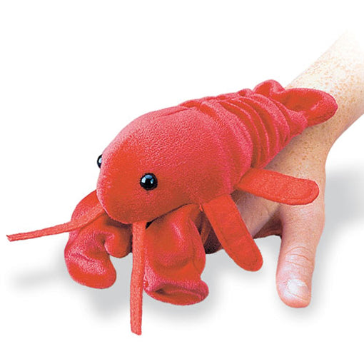 Lobster Finger Puppet in bright red with claws, perfect for playful storytelling and machine washable for easy care.