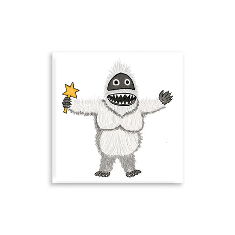 Yeti Magnet featuring hand-drawn white yeti holding a yellow star wand with expressive cartoon style artwork.